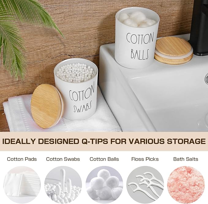 ALPIRIRAL White Bathroom Accessories, 5 Pcs Glass Bathroom Accessory Set with Bamboo Tray, Soap Dispenser and Toothbrush Holder Set, Qtip and Cotton Ball Holder, Farmhouse Boho Bathroom Set Complete