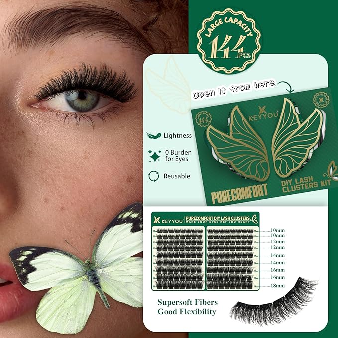 KEYYOU Lash Extension Kit 144pcs Thick Super Soft Lash Clusters,10-18mm D Curl Individual Lashes Kit with Bond and Seal Applicator and Brush Remover Easy to DIY at Home（PC03Kit-D-10-18MIX）