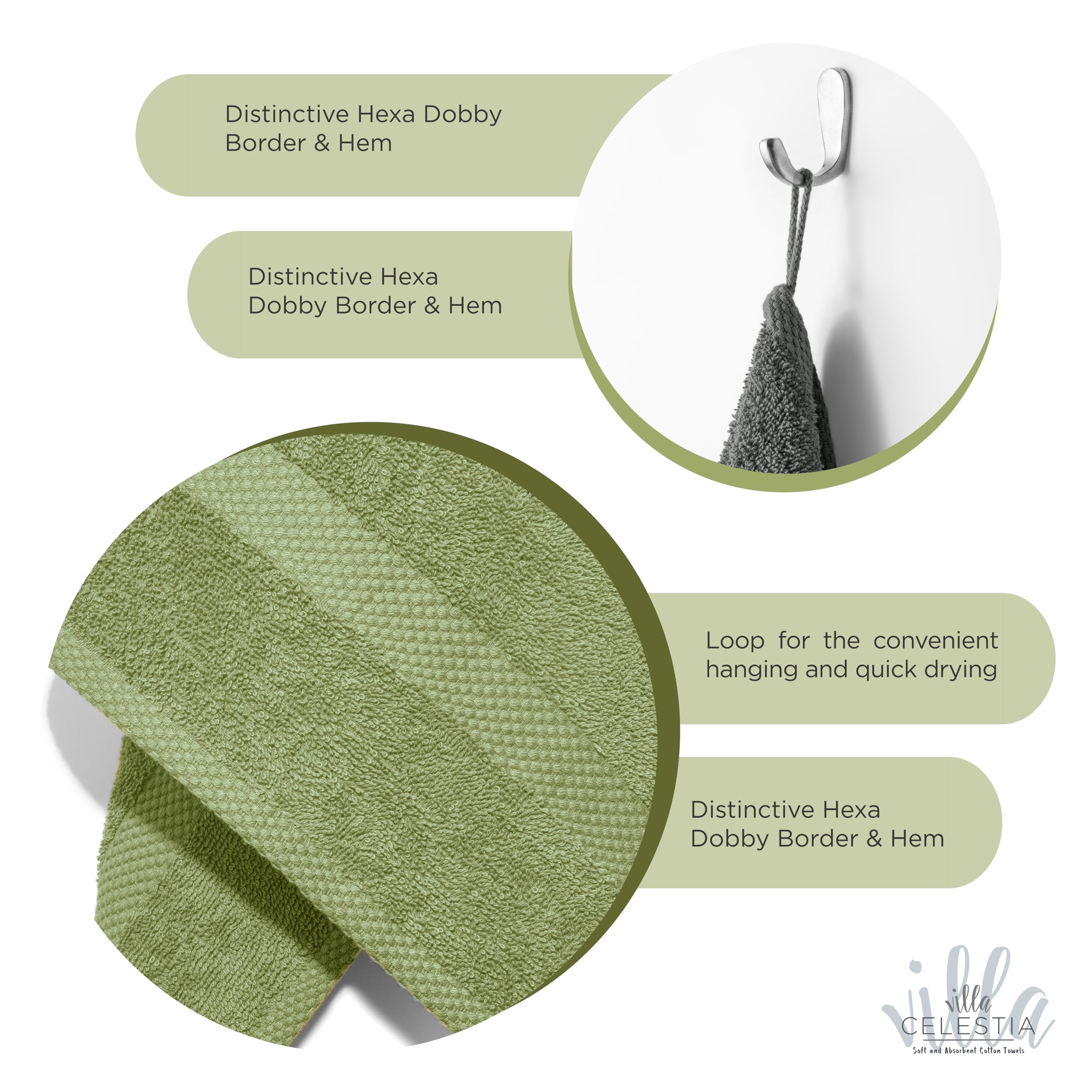 Villa Celestia Cotton Hand Towels Set of 4, 16 x 28, Oeko-TEX Certified, Quick Dry, Sage