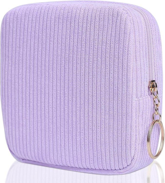 Teircno Sanitary Napkin Storage Bag, Preppy Corduroy Period Bag for Women, Cute Portable Period Pouch with Zipper, Sanitary Pads Bag Tampons Holder for Purse, First Period for Women Ladies