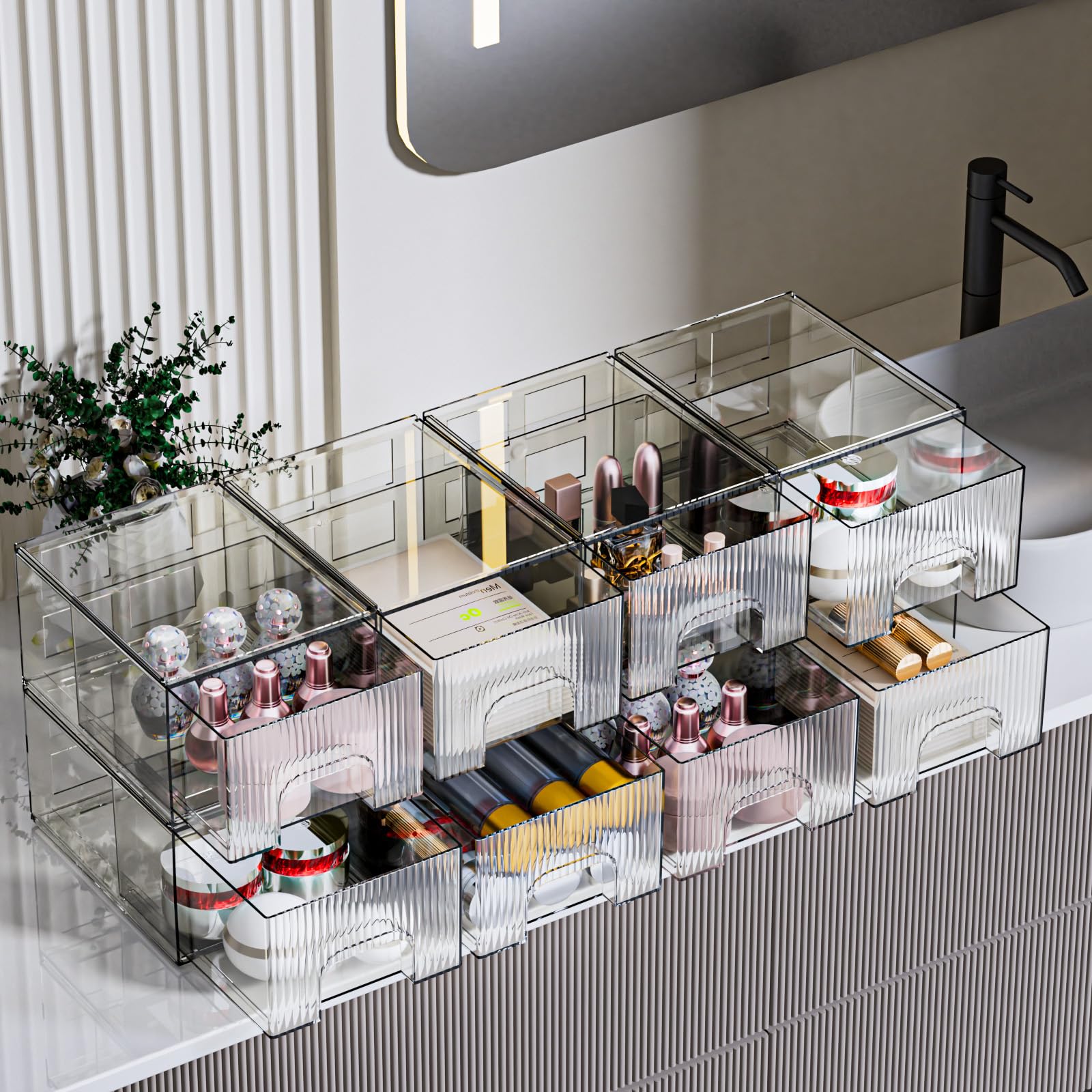 ZHIAI 8 Pack Clear Stackable Storage Drawer, Acrylic Drawer, Cosmetic Organizer, Plastic Organizer for Dresser, Under, Kitchen Cabinet, Pantry, Home Organization and Storage