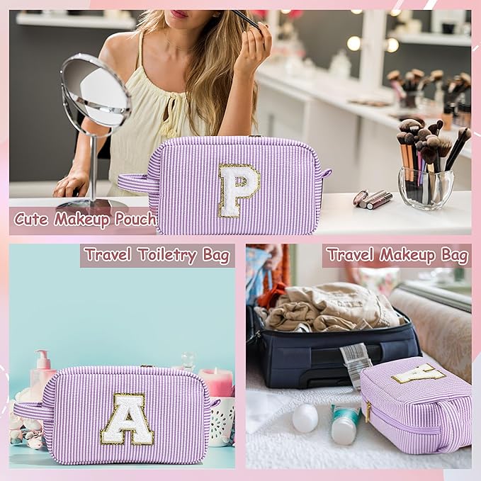 YOOLIFE Makeup Bag - Personalized Monogram Cosmetic Bag for Teen Girls, Purple Cute Travel Pouch