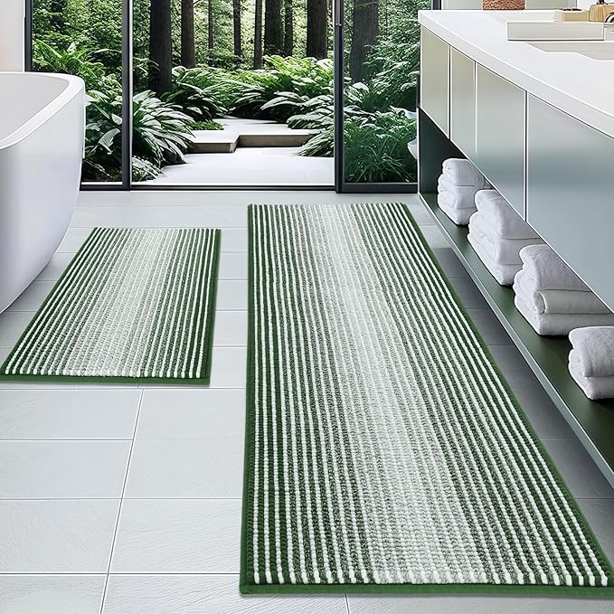 Bathroom Rugs and Mats Sets, 2 Piece Thick Absorbent Chenille Bath Mat Rug Set Non Slip, Soft Shaggy Bath Room Floor Mats for Bathroom, Machine Washable (Hunter Green, 20" x 47" Plus 20" x 32")