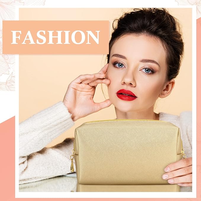 Kigeli Aesthetic Makeup Bags PU Leather Cosmetic Pouches Waterproof Plain Toiletry Bags Makeup Pouches Bulk for Women Party Gift Travel Storage Organizer(Champaign Gold,7.1 x 2.8 x 4.3 in)