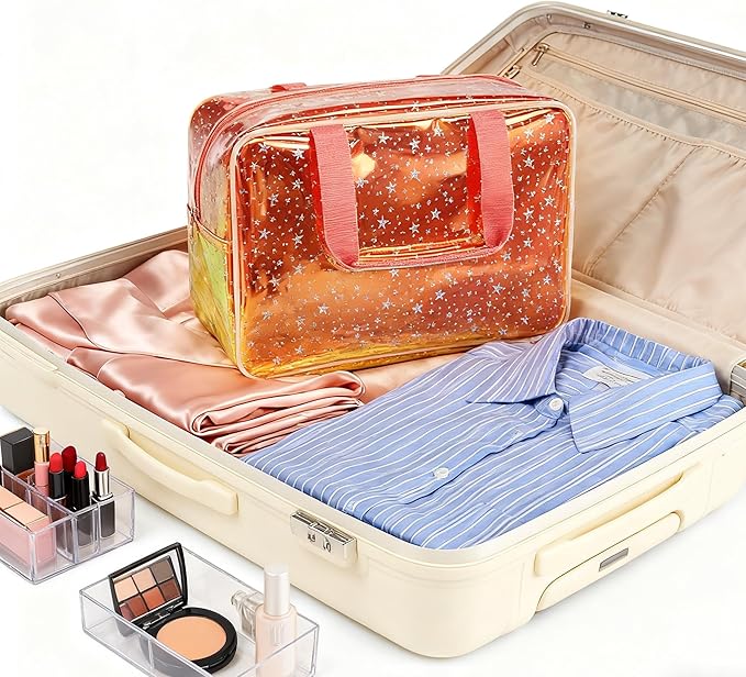 TotePrint Holographic Brown Clear Star Large Cosmetic Bag and TPU Travel Pouch with Handle,Durable Material,Zipper Design-Ideal for Makeup,Travel Essentials 11.81x5.12x8.27inch (Brown)