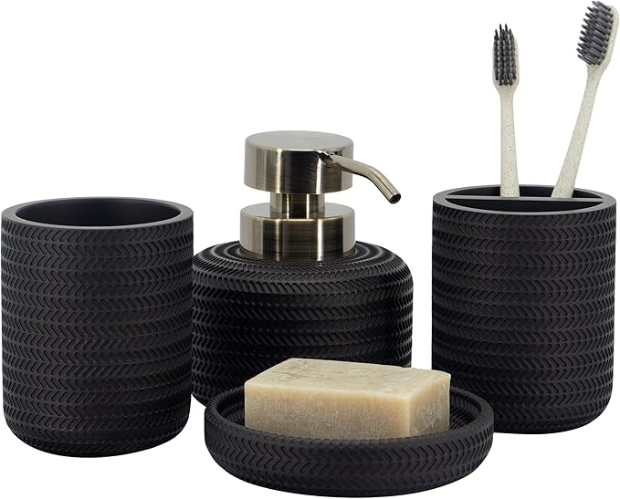 ZCCZ Black Bathroom Accessories Set 4 Pcs - Toothbrush Holder, Soap Dispenser, Vanity Tray, Tumbler - Countertop Organizer for Bathroom - Modern Accessory Set for Home Decor and Storage