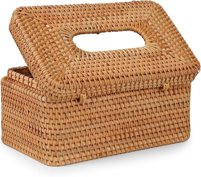 Rattan Rectangular Tissue Box Cover, 10.8" x 6.7" x 5.5", Decorative Woven Facial Tissue Holder with Hinged Top Lid, Fits Up to 180 Sheets, Natural Color