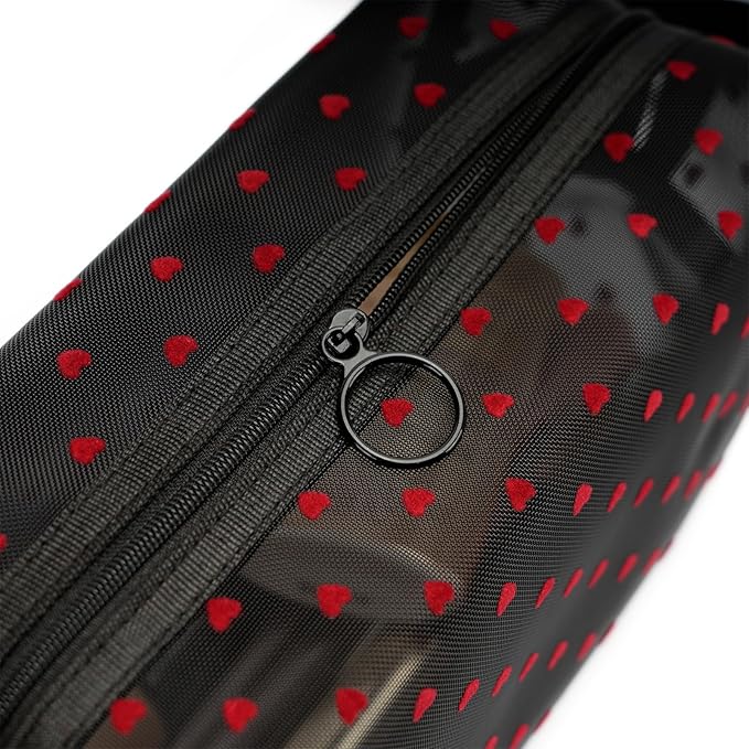 TOPASION Portable Mesh Makeup Bag with Zipper Small Travel Toiletry Bag Lightweight Cosmetic Pouch (Black&Red Heart with Handle)