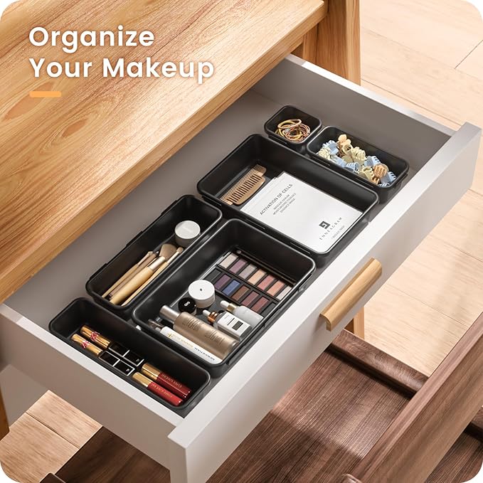 A-LuGei 【Military Grade】 Drawer Organizer,【𝟱𝗦𝗶𝘇𝗲】 Makeup organizer,【Holds 177 Items】 Bathroom Organizers and Storage,Organization and Storage,Desk Drawer Organizer for Vanity【Black】
