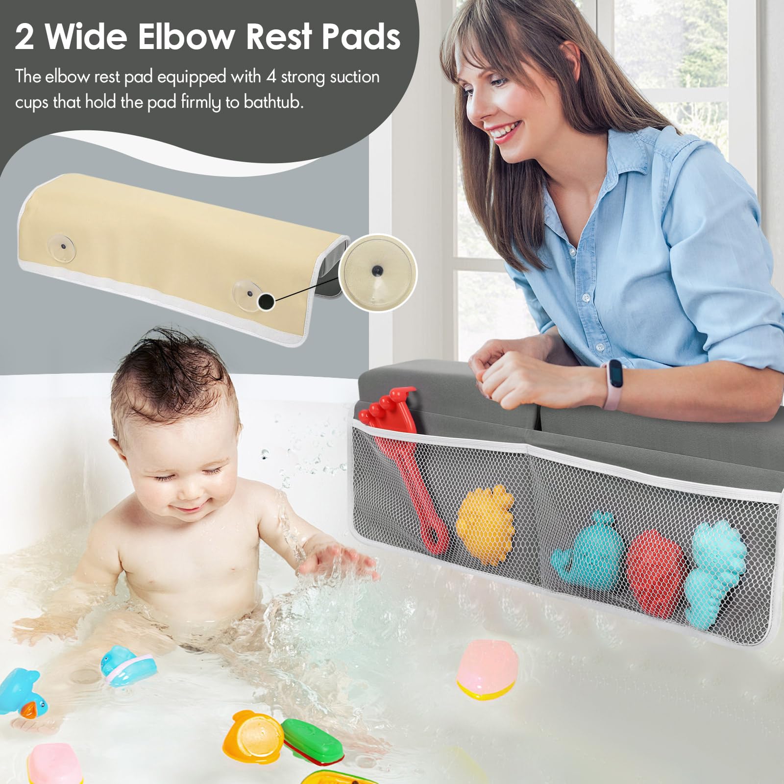 RelaxaTub Bath Kneeler and Elbow Rest Pad Set - 2-Inch Thick Comfortable Baby Bath Kneeler Pads, Quick-Dry Non-Slip Bathtub Mat with Toy Organizer for Knee & Arm Support for Baby Bath Time