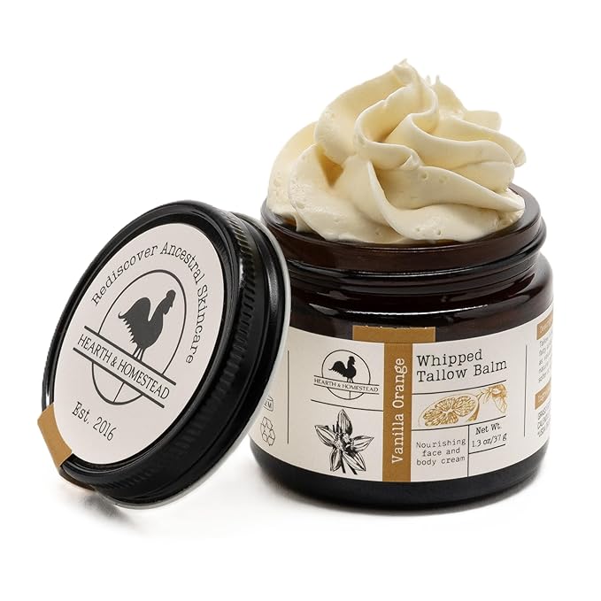 Hearth & Homestead Whipped Beef Tallow for Skin & Face - 100% Grass Fed, Eczema Cream & Body Butter, Organic Olive Oil, Calendula & Rose, Lotion & Hand Moisturizer for Dry Skin, Vanilla Orange, 1.3oz