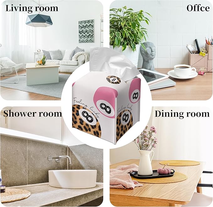 Grace Yonks Cute Tissue Box Cover Square - Leopard Print & Pink 8 Ball “Feeling Lucky” Design 5.2" PU Leather Holder for Vanity, Desk, or Bathroom Counter - Cube Case for Facial Tissues(014)