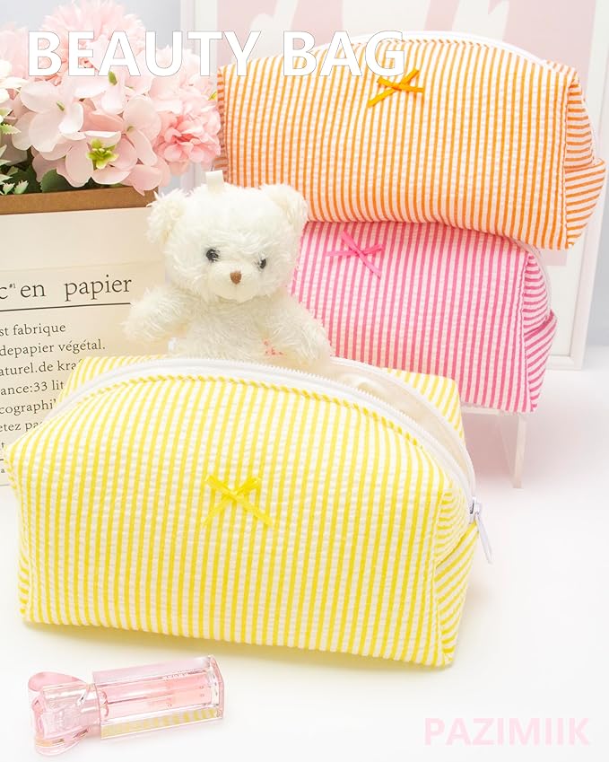 Cozy Makeup Bag for Women,Zipper Cosmetic Pouch,Stripe Yellow,2 Pack