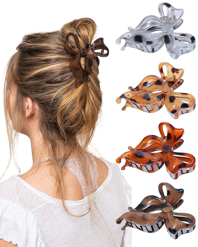 4 PCS Bow Hair Clips Bow Claw Clip for Women, Large Hair Claw Clips for Thin Thick Hair (Leopard(Deep coffee+light yellow+orange+light gray))