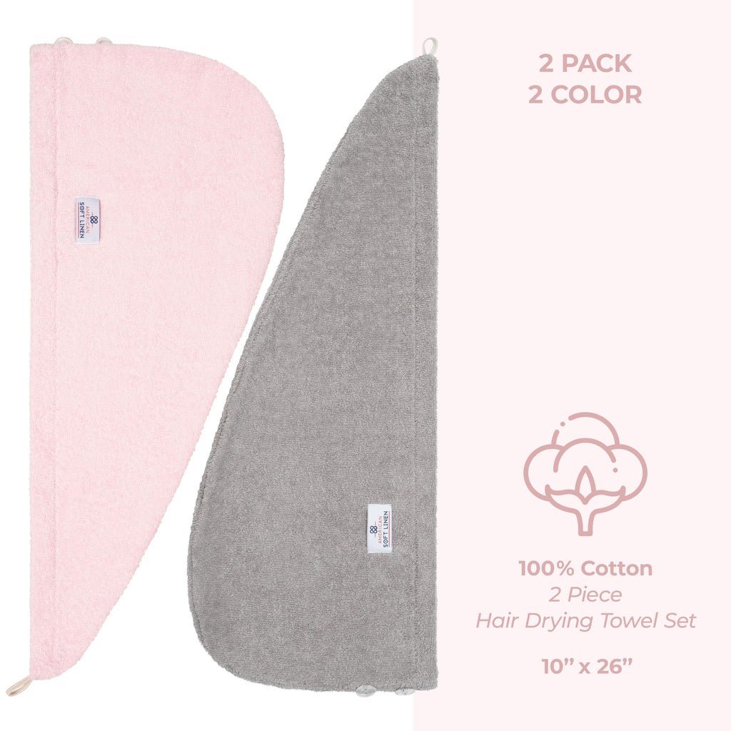 American Soft Linen 100% Cotton Head Towel Cap, Women's Anti Frizz Hair Wrap, Absorbent Cotton Towels 2 Pack, Light Grey-Pink