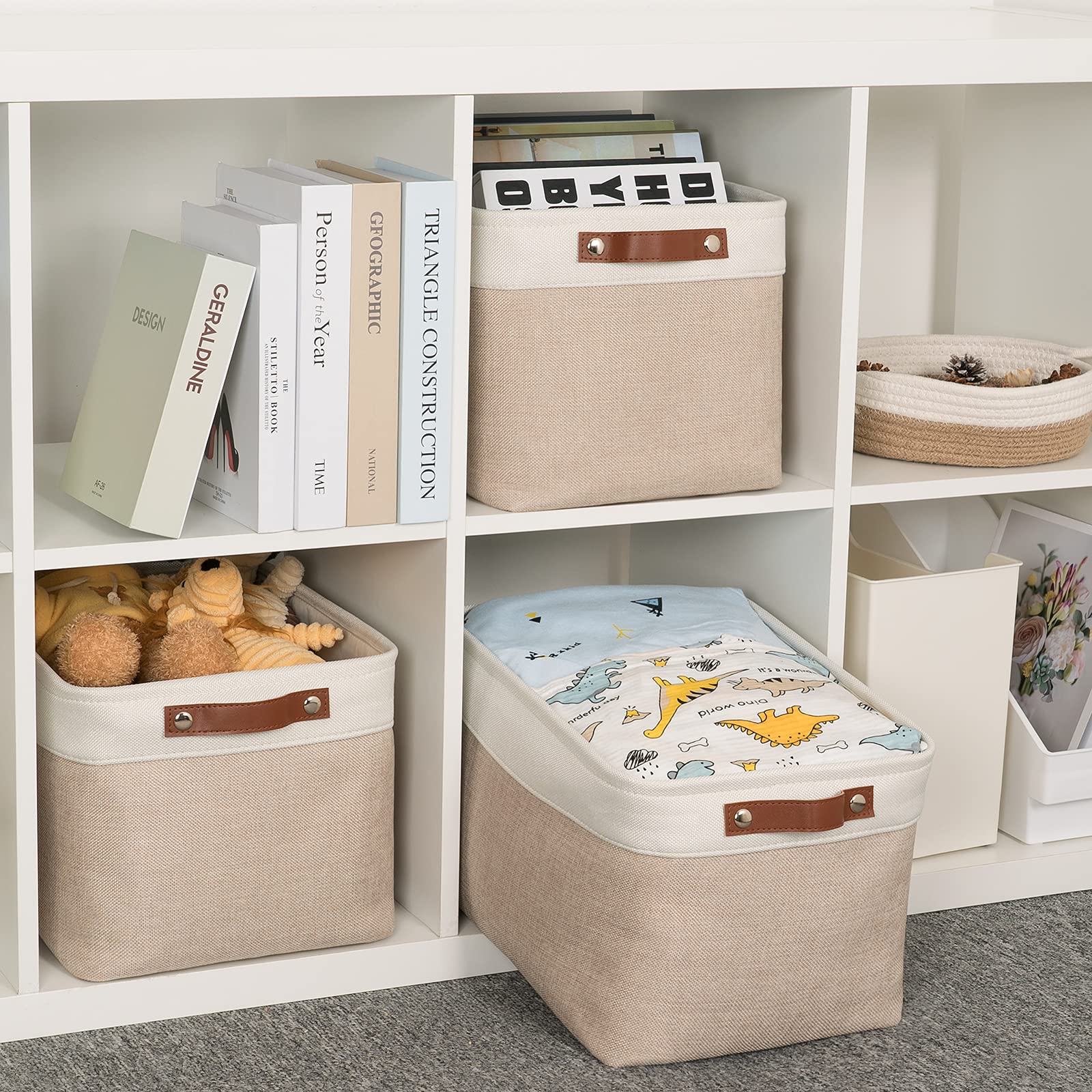 HNZIGE Fabric Storage Baskets for Shelves, Large Collapsible Storage Baskets for Organizing, Decorative Baskets Bins Set with Handles for Closet, Clothes,Home (3 Pack, White&Khaki,15" x 11" x 9.5")