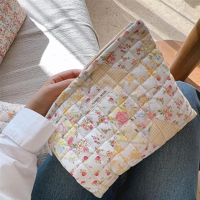 Sminra Quilted Floral Makeup Bag for Women, Cotton Cosmetic Pouch with Zipper, Slim Travel Toiletry Organizer for Makeup, Skincare and Daily Essentials Organizer (Beige Floral-L)