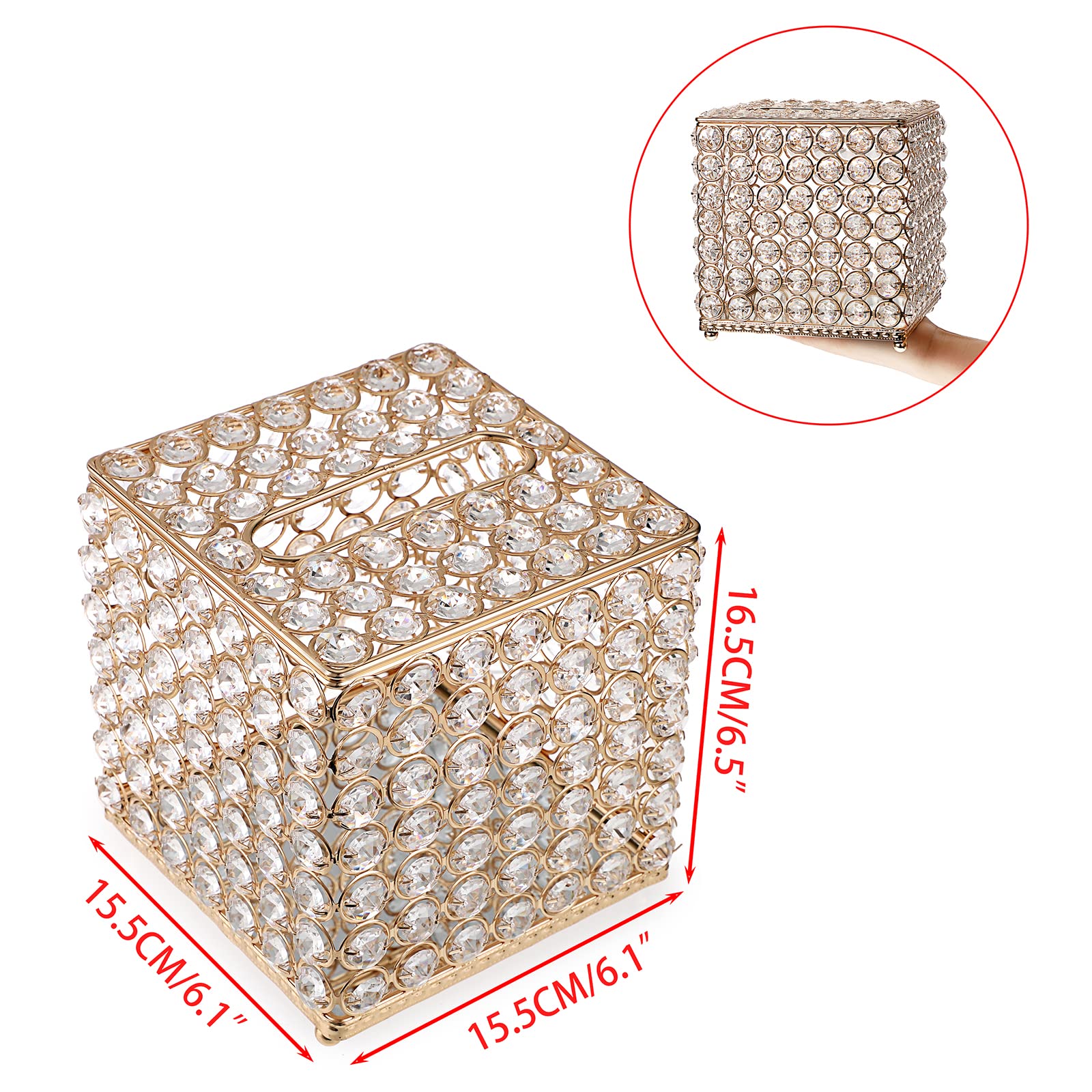 Sumnacon Crystal Square Tissue Box Cover - Sparkling Glass Cube Tissue Box Holder, Decorative Facial Tissue Holder for Bedroom Bathroom Vanity Dresser Night Stand Table Office Home Decor, Gold