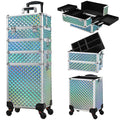 Stagiant Rolling Makeup Case Cosmetology Case on Wheels 4 in 1 Makeup Travel Case Large Cosmetic Organizer Storage with Key Swivel Wheels Nail Artist Salon Traveling Cart Trunk Watery Blue