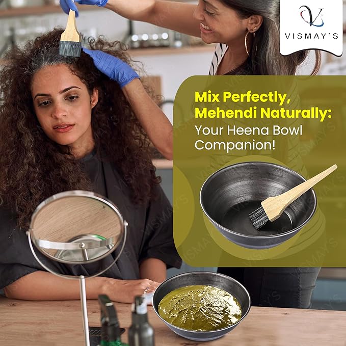 VISMAY'S Pure Iron Henna Bowl with Wooden Brush Mehandi Katora Heena Kadhai Kadai Karahi Durable Loha Katori (7.5 inch (Design 1))