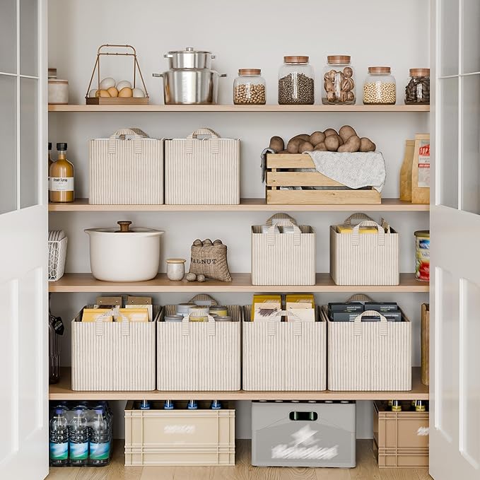 StorageWorks Storage Bins, Fabric Storage Bins for Shelves, Large Storage Baskets with Metal Frame, Closet Baskets and Bins with Handles, Khaki and Beige Stripes, 2-Pack