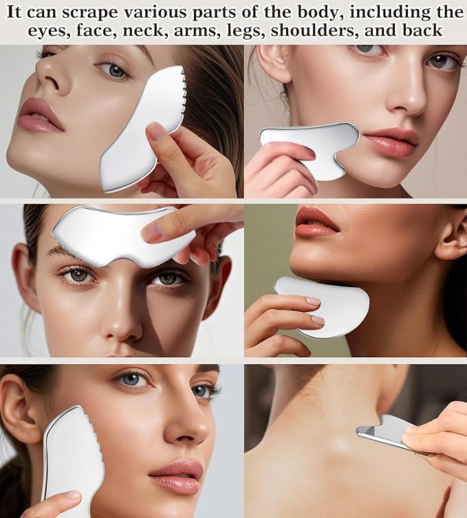 TANGZHIFEIYUE Gua Sha Facial Tools, 3 in 1 Stainless Steel Metal Guasha & Eye Cream Applicator Facial Sculpting Tool Set Eye Massager Lymphatic Drainage for Face Neck (Plastic Box 3, Count, 3)