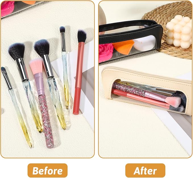 Kifmurase 2Pcs Clear Makeup Brush Bag, Leather Slim Makeup Case, Portable Transparent Waterproof Cosmetic Pouch with Zipper, Double Sided Clear Bag for Women Travel Storage (White, Black)