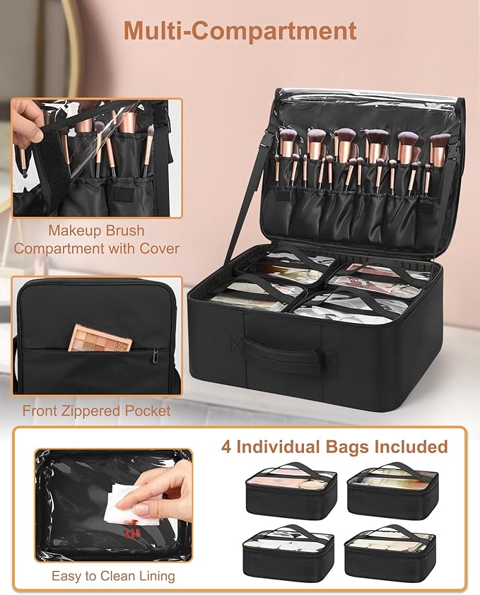 Relavel Makeup Backpack with Clear Makeup Bags, Extra Large Travel Train Case Makeup Artist Kit Set Bag with 4 Clear Bags, Storage Organizer Box with Dividers Cosmetic Hair Tools Barber Supplies
