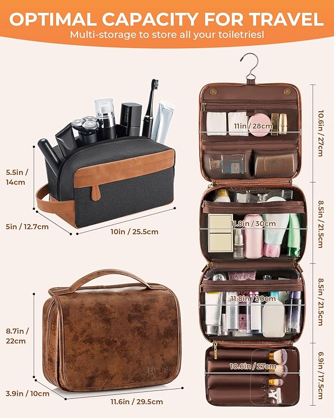 Elviros Hanging Travel Toiletry Bag Gift for Men，Mens Toiletries Bag Gifts Set Shaving Dopp Kit Water-resistant Bathroom Toiletries Organizer PU Leather Cosmetic Bags 2 Pack