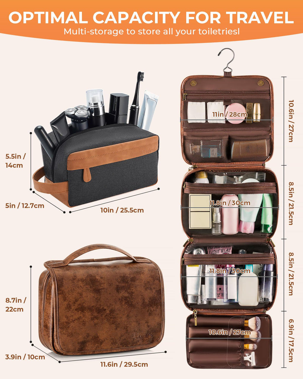 Elviros Hanging Travel Toiletry Bag Gift for Men，Mens Toiletries Bag Gifts Set Shaving Dopp Kit Water-resistant Bathroom Toiletries Organizer PU Leather Cosmetic Bags 2 Pack