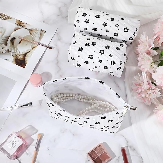 Huhumy 3 Pcs Makeup Bag Set for Women Corduroy Cosmetic Pouch Aesthetic Smile Travel Toiletry Bag Cute Purse Pouch Pencil Case Makeup Brushes Storage Organizer with Zipper(White,Floret)