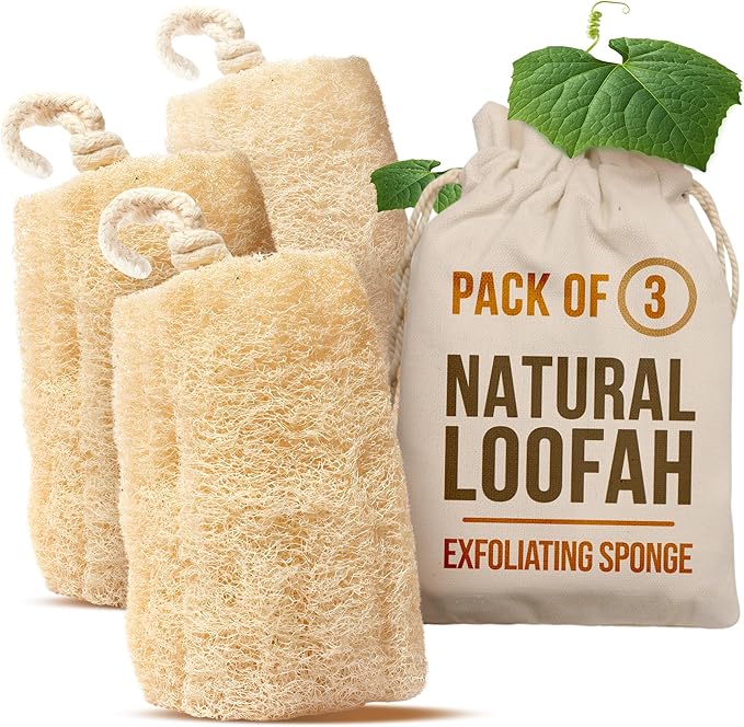 SERRENTO Loofah Body Scrubber Shower - Egyptian Luffa Sponge Pack of 3 Tan