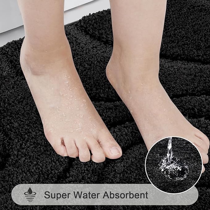 HEBE Bathroom Rugs Sets 5 Piece, Soft Absorbent Microfiber Bath Mat for Bathroom, Non Slip Washable Bath Rug Set with Toilet Cover, Bath Runner and U-Shaped Contour Toilet Rug, Black