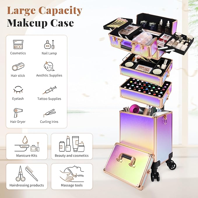JINGUAN Professional Rolling Makeup Train Case with Lid, 5 in 1 Cosmetology Case on Wheels, Large Cosmetic Trolley Organizer Travel for Hairstylist Artist Nail Beauty Salon Barber, Colorful