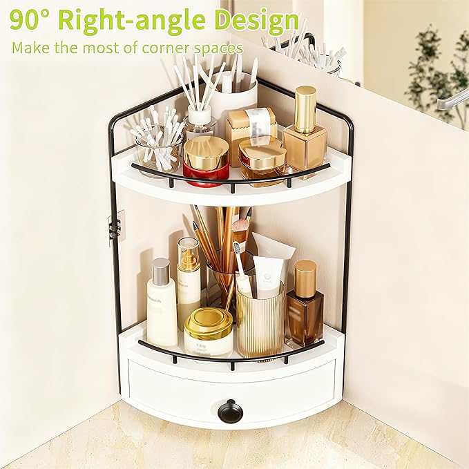 Aollewoiti 2-Tier Corner Bathroom Counter Organizer with Drawer, White