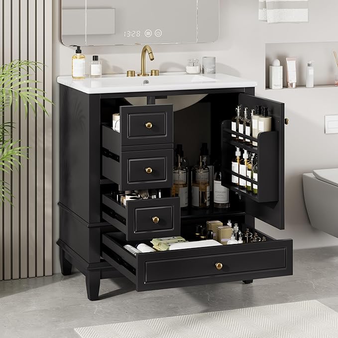 30" Bathroom Vanity with Sink, Harper & Bright Designs Free Standing Single Vanity Set with 3 Drawers and One Door with Storage Racks, Solid Wood Storage Cabinet with Ceramic Basin for Bathroom, Black