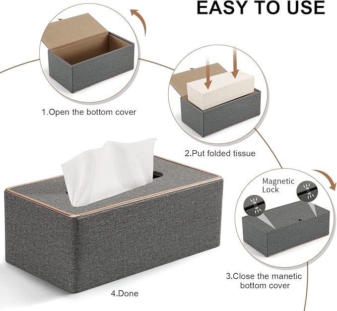 Tissue Box Cover Rectangular, PU Leather Tissue Box Holder for Kleenex, Napkin,Tissue Box Covers Rectangle for Bathroom Car Home Office Decorative 9.84"X5.63"X4.53" Grey