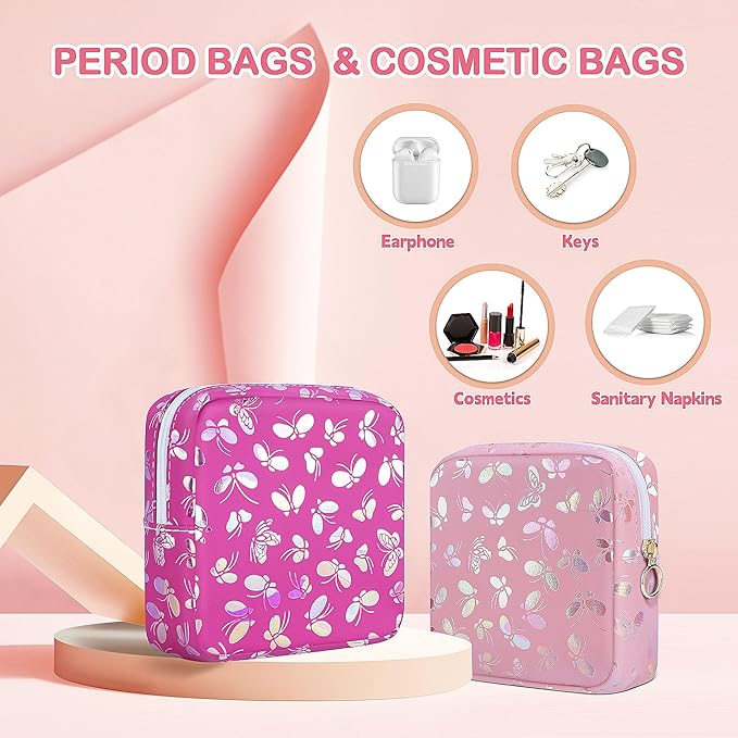 Likesing Tampon Holder for Purse, Leather Sanitary Napkin Storage Bag Period Bag Gift for Girls Women, Portable Sanitary Napkin Period Pad Pouch Tampon Bags for Purse(Rose red Butterfly)