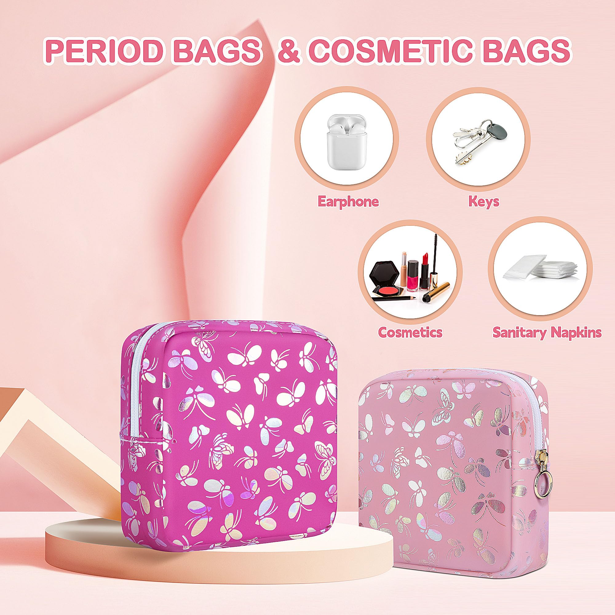 Likesing Tampon Holder for Purse, Leather Sanitary Napkin Storage Bag Period Bag Gift for Girls Women, Portable Sanitary Napkin Period Pad Pouch Tampon Bags for Purse(Rose red Butterfly)