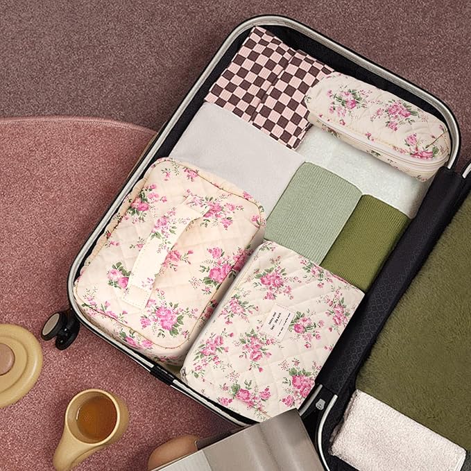 GISMTR 3Pcs Cotton Quilted Makeup Bag Large Travel Cosmetic Bag Coquette Makeup Pouch Cute Aesthetic Floral Toiletry Bag for Women Girls (flower-M)