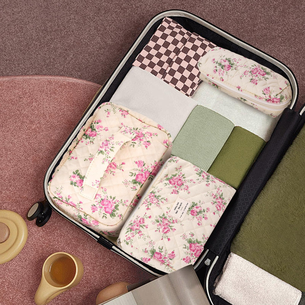 GISMTR 3Pcs Cotton Quilted Makeup Bag Large Travel Cosmetic Bag Coquette Makeup Pouch Cute Aesthetic Floral Toiletry Bag for Women Girls (flower-M)