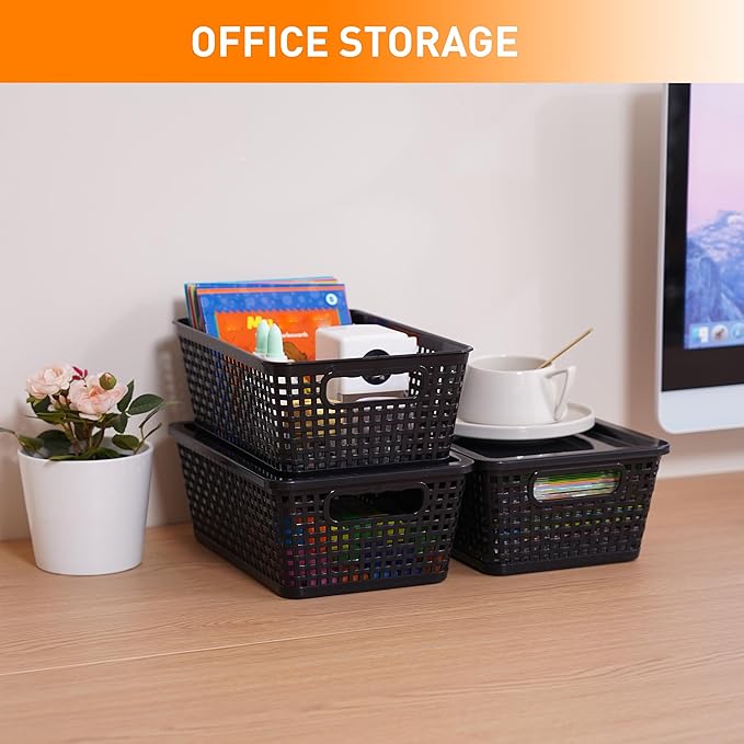 Anywish Plastic Storage Baskets With Lid, Storage Bins for Organizing, Stackable Decorative Containers for Shelves Drawers Desktop Closet Playroom Classroom Office, 8 Pack-Black