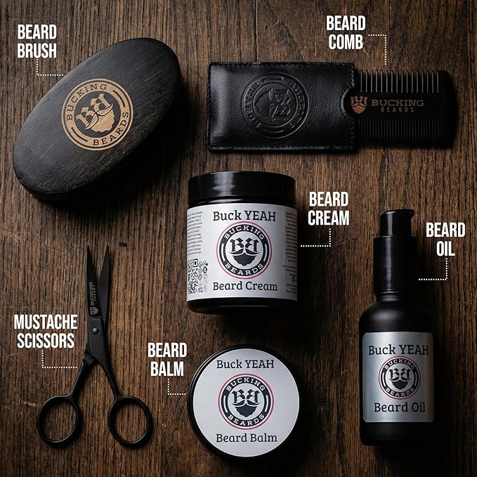 Beard Kit for Men - Beard Care Kit with Balm, Oil & Cream - Includes Wooden Comb, Brush, Scissors & Travel Bag - Vegan, Hypoallergenic, Allergen-Free & Cruelty-Free Grooming Kit