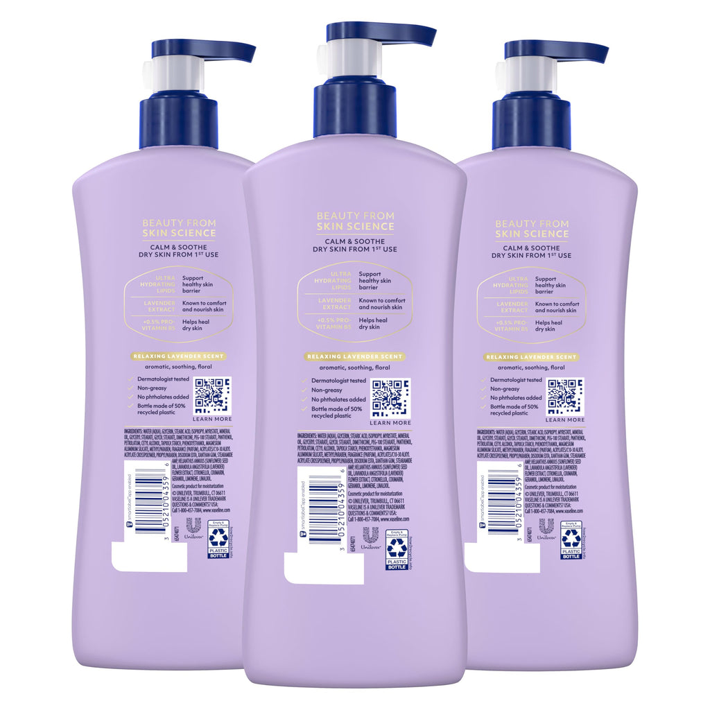 Vaseline Intensive Care Calm Healing Body Lotion 3 count for Dry Skin Made with Ultra-Hydrating Lipids and Lavender Extract to Heal and Restore Dry Skin 20.3 oz