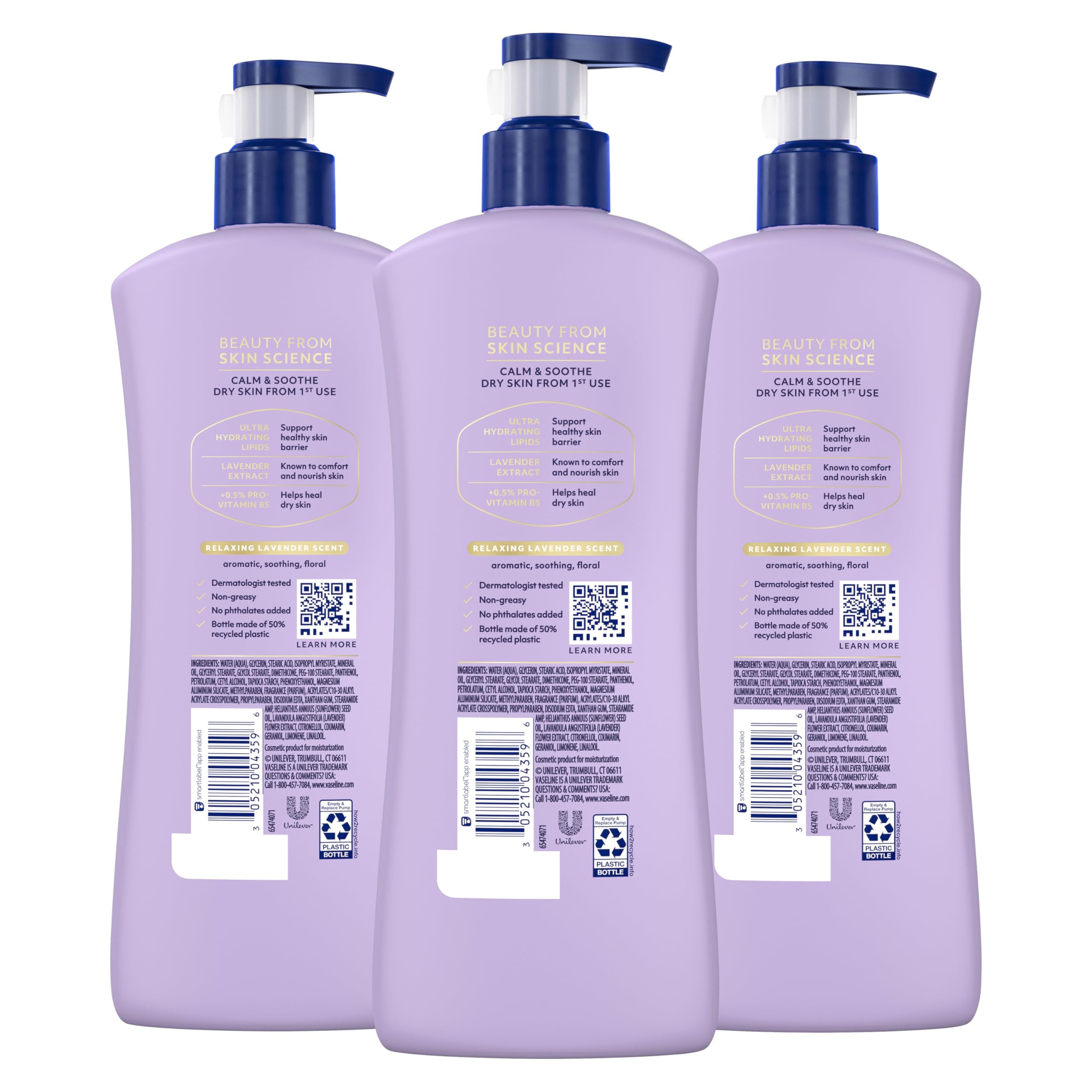 Vaseline Intensive Care Calm Healing Body Lotion 3 count for Dry Skin Made with Ultra-Hydrating Lipids and Lavender Extract to Heal and Restore Dry Skin 20.3 oz
