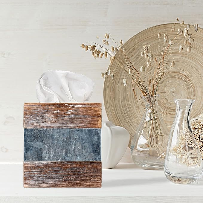 Barnyard Designs Rustic Wood and Metal Tissue Box Cover Holder, 6"x6"