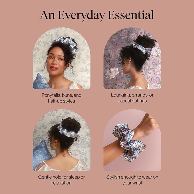 Bridgerton x Kitsch Satin Scrunchies for Women, No Snag, No Tugging, Soft & Comfortable Scrunchies for Girls, Perfect for Day or Night - Toile De Blue, 2pcs