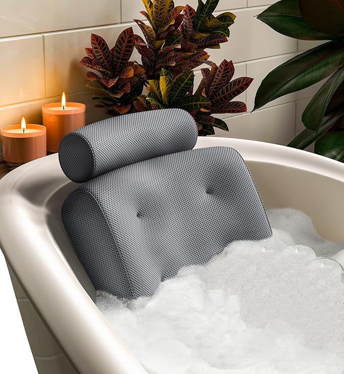 Everlasting Comfort Luxury Bath Pillow for Tub – Quick-Dry 4D Mesh – Gray