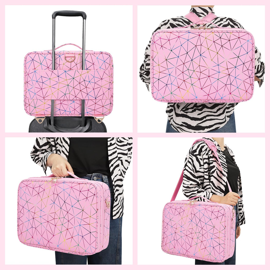MONSTINA Professional Makeup Case Bag|3 Layers Large Capacity Cosmetic Organizer Brush Bag,Barber Train Case Makeup Artist Box,PU Leather Stylish Geometric Reflection Patterns Pink