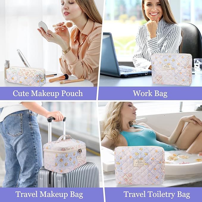Gosect Makeup Bag Set, Quilted Makeup Bags, Large Floral Cosmetic Bag for Women, Cute Cotton Makeup Bags, Flower Travel Toiletry Organizer Bag (Folk Style)